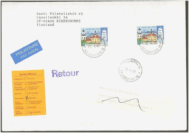 1992 Rauma 2 kpl kirje Saksaan, loistoleimainen, palautettu