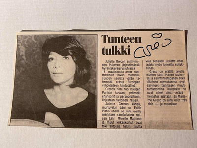 Juliette Greco nimikirjoitus lehtikuvassa
