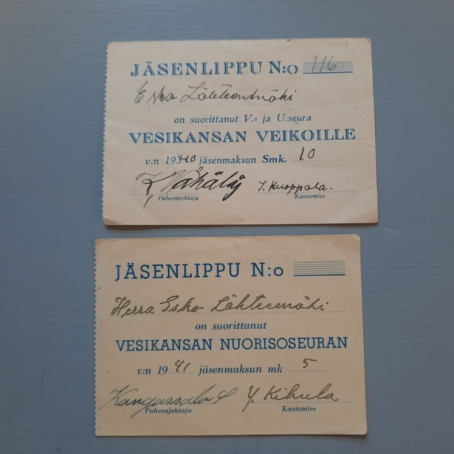 Vesikansa NS ja Veikot jäsenliput v -40 -41 Hollola
