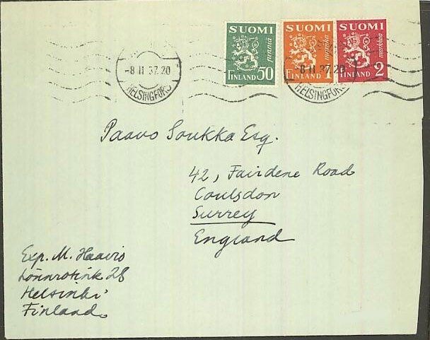 M30 1937 kirje Englantiin