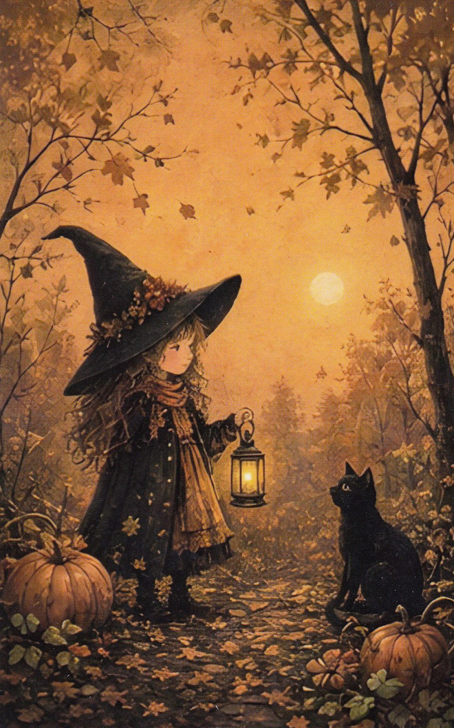 Halloween pieni noita ja musta kissa