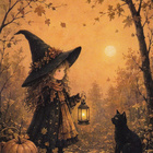 Halloween pieni noita ja musta kissa - pikkukuva 1