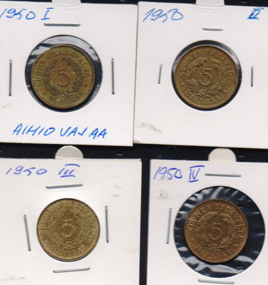 1950 5 markkaa 4kpl tyypit I-IV