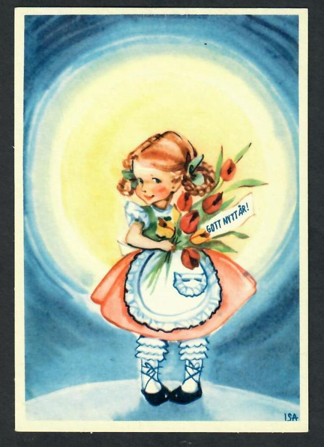 Lapsi - Tyttö ja tulppaanit - Kortti 1940-50-luvulta