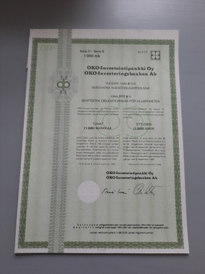 obligaatio OKO-Investointipankki 1986 D 1.000/8%