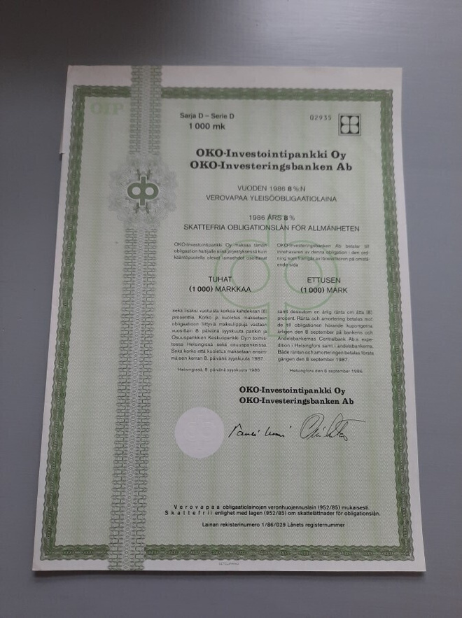 obligaatio OKO-Investointipankki 1986 D 1.000/8%