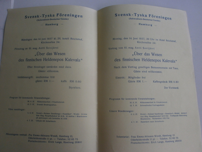 Antti Sovijärvi, luento Ruotsalais-Saksalainen Yhdistys 1937