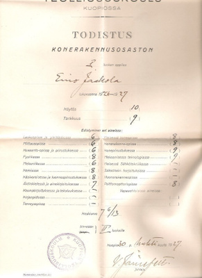 Teollisuuskoulu, Kuopio, todistus 2 kpl. + Turku, todiste.