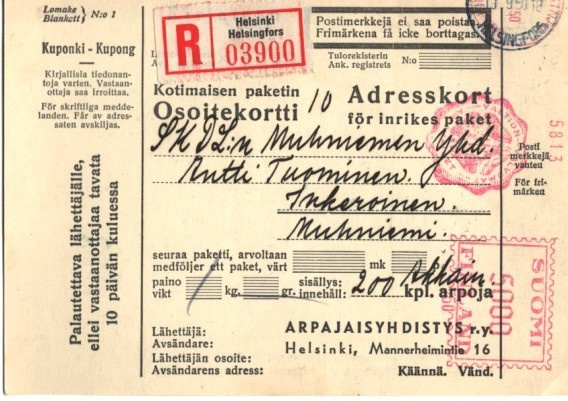 R-KUORI OSOITEK. +HELSINKI FRAMA (ARPAJAIS)