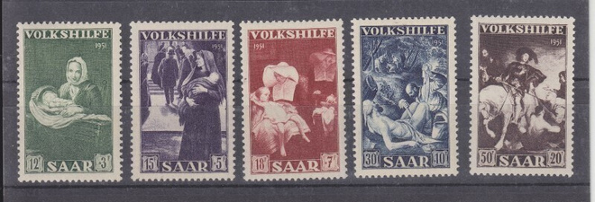 Saksa Saarland 1951 Mi 309-313 todella pientä liimavikaa