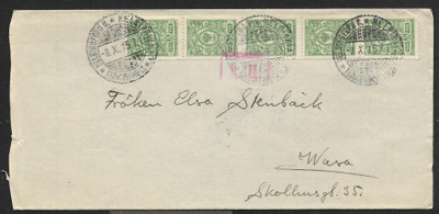 Postil. - 5p 1911 (LAPE 5x62) Helsinki 8.10.1915 + sens