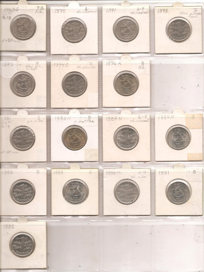 Suomi-kolikot: 1 mk, CUNi, 1969-1992= 16 eri vuotta