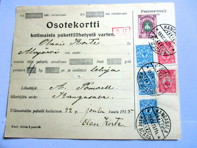 1915 Kangasala sens osoitekortti