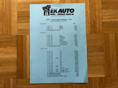 Hinnasto Opel 1991: Corsa, Kadett, Vectra, Omega, Calibra