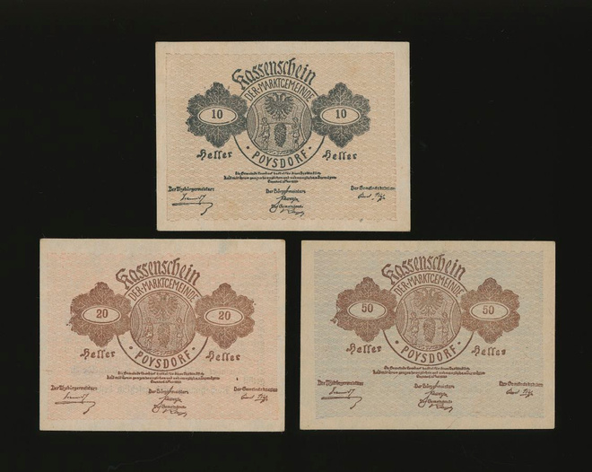 Itävalta Notgeld 10, 20, 50 Heller, Poysdorf 1920
