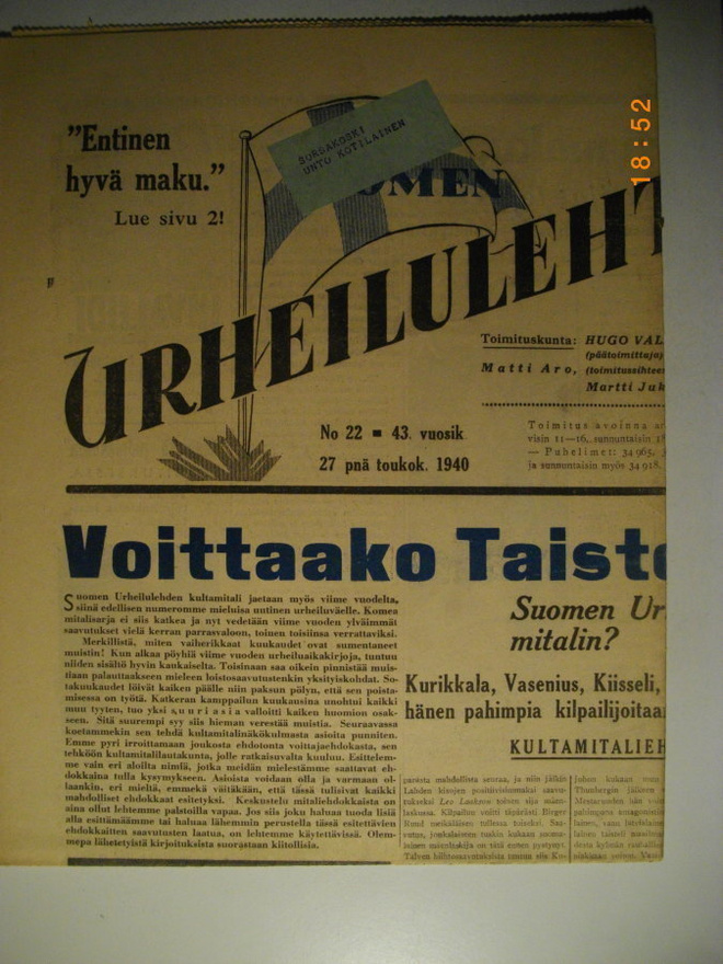 Somen Urheilulehti Nro 22/1940 (16.3)
