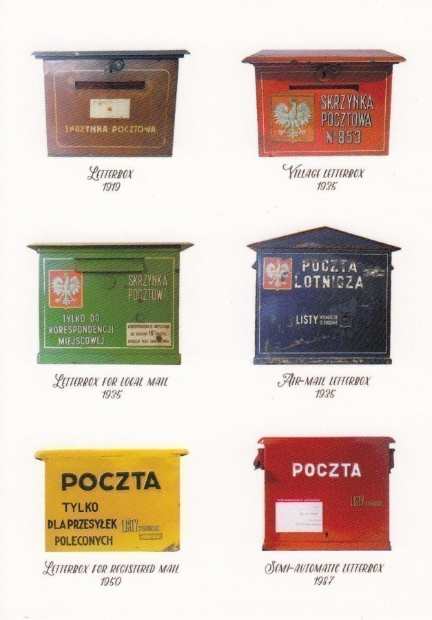 Puolalaisia postilaatikoita eri vuosilta (postikortti)