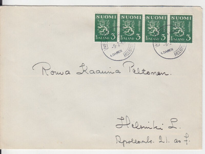 FDC  1948 M30 3 mk neljän rivilö.