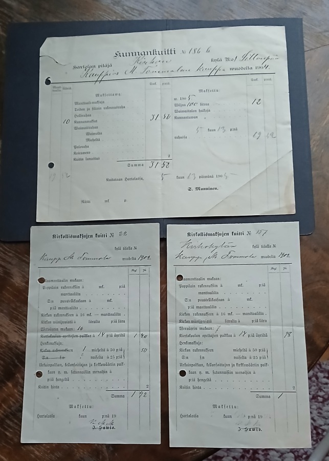 Hartola  , kunnankuitti v. 1904 ja 2 kirkollismaksua 1902