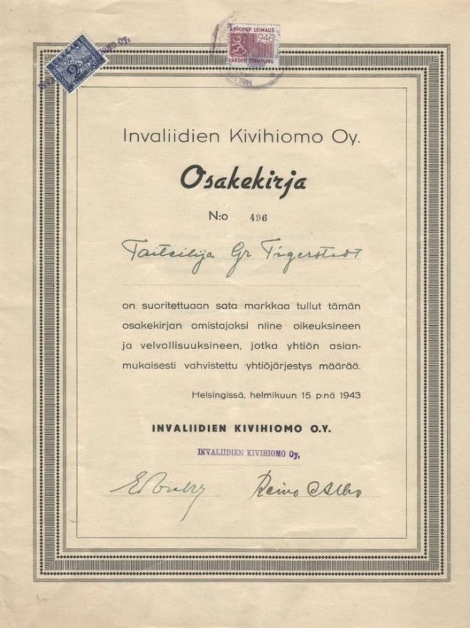 OKK 1943 Invaliidien Kivihiomo Oy, Helsinki osakekirja