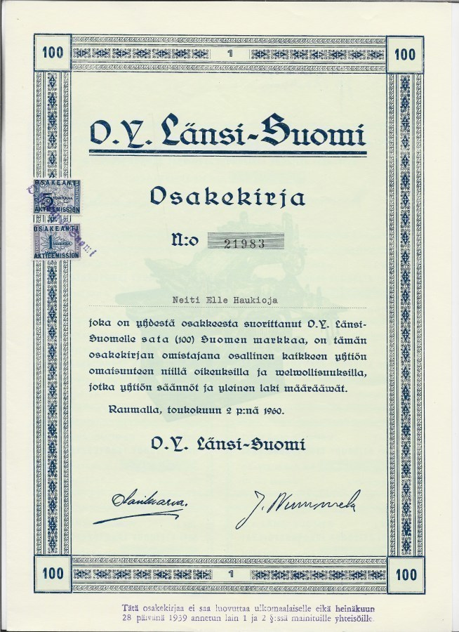 OKK 1960 Länsi-Suomi Oy, Rauma osakekirja