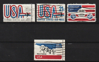 USA 4kpl erilaisia Airmail-postimerkkejä leimattuna