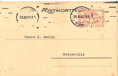 FIRMAKORTTI VALIO HELSINKI-ORIMATTILA FRAMA1 3/4 MK