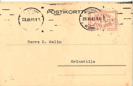 FIRMAKORTTI VALIO HELSINKI-ORIMATTILA FRAMA1 3/4 MK