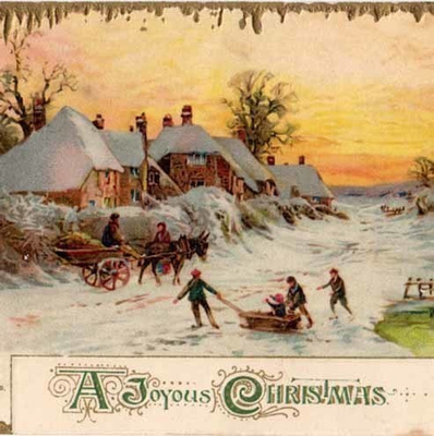 ANTIIKKIKORTTI / Kyläläisiä talvitaivaan alla. 1900-l.