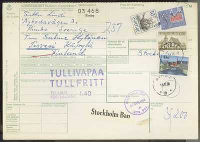 1968 90p Tampere ym, ruotsalaisen paketin tullausmaksu