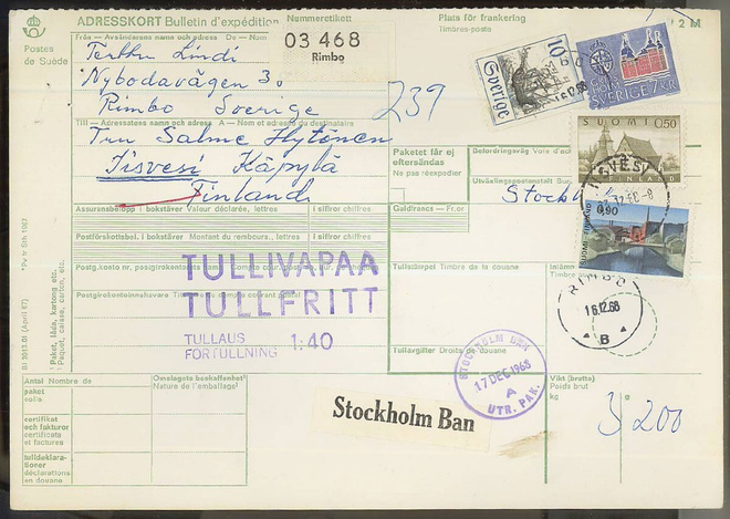 1968 90p Tampere ym, ruotsalaisen paketin tullausmaksu