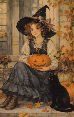 Halloween noita istuu rappusella, kissa vieressä