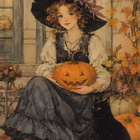 Halloween noita istuu rappusella, kissa vieressä - pikkukuva 1