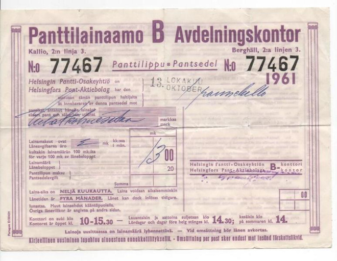 Panttilainaamon todistus vuodelta 1961