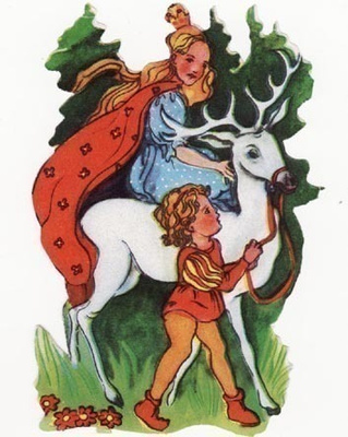 EAS 3075 / Prinsessa hovipojan taluttaman hirven selässä.