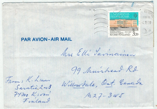 1990 3,20 Hgin yliopisto kirje Kandaan