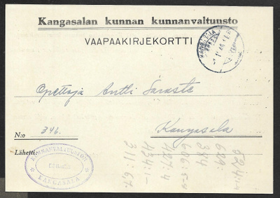Kangasala - vapaakirjekortti 1946
