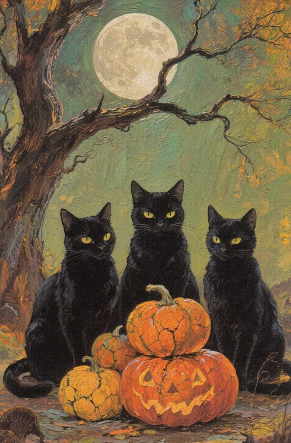 Halloween kolme mustaa kissaa, kurpitsapino