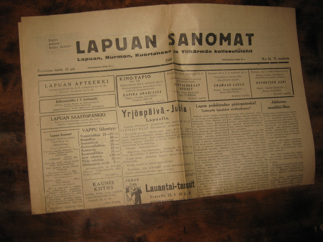 Sanomalehti  Lapuan Sanomat 22.4.1949