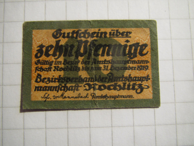 10 pfennig 1919. Rochlitz . Saksa-Germany. Hätäraha-Notgeld