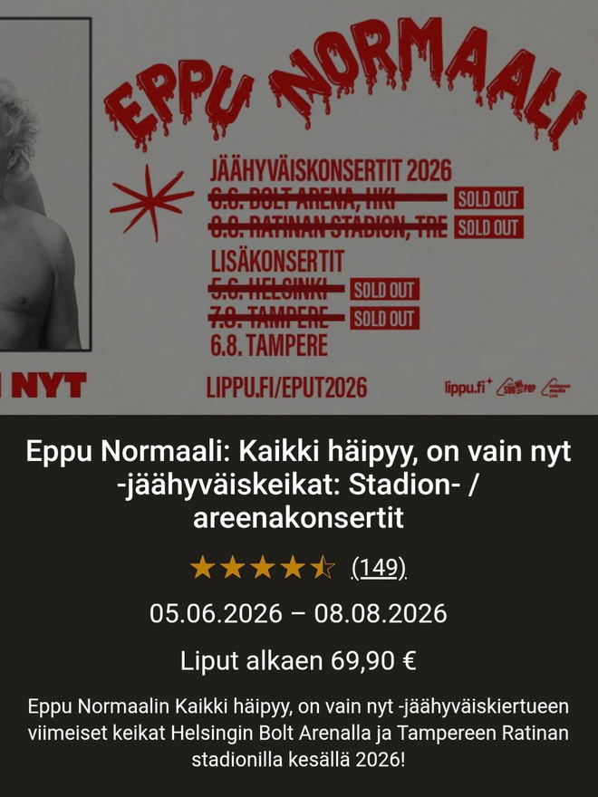 2 kpl Eppu Normaali Bolt Arena pe 5.6.26 kenttä, 80e/lippu