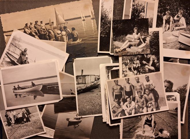 19x vintage valokuva rannalta ja 11x vene laiva