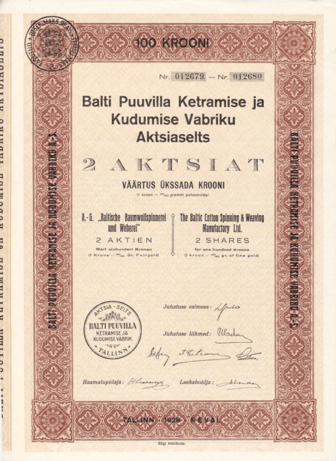 OKK 1928 Eesti Balti Puuvilla Ketramise ja Kudumise Vabriku