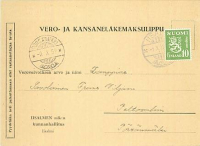 M30 1952 10mk vihreä painotuotekortti PÖRSÄNMÄKI -52