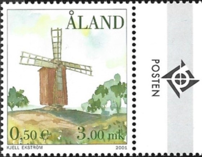 Åland 2001 Tuulimyllyt 3,00 mk välilöpari logo ** LaPe 192