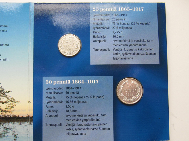 50 penniä 1914 ja 25 penniä 1909