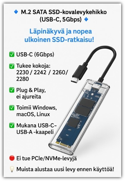 M.2 SATA SSD -kovalevykehikko - USB-C, läpinäkyvä #30581