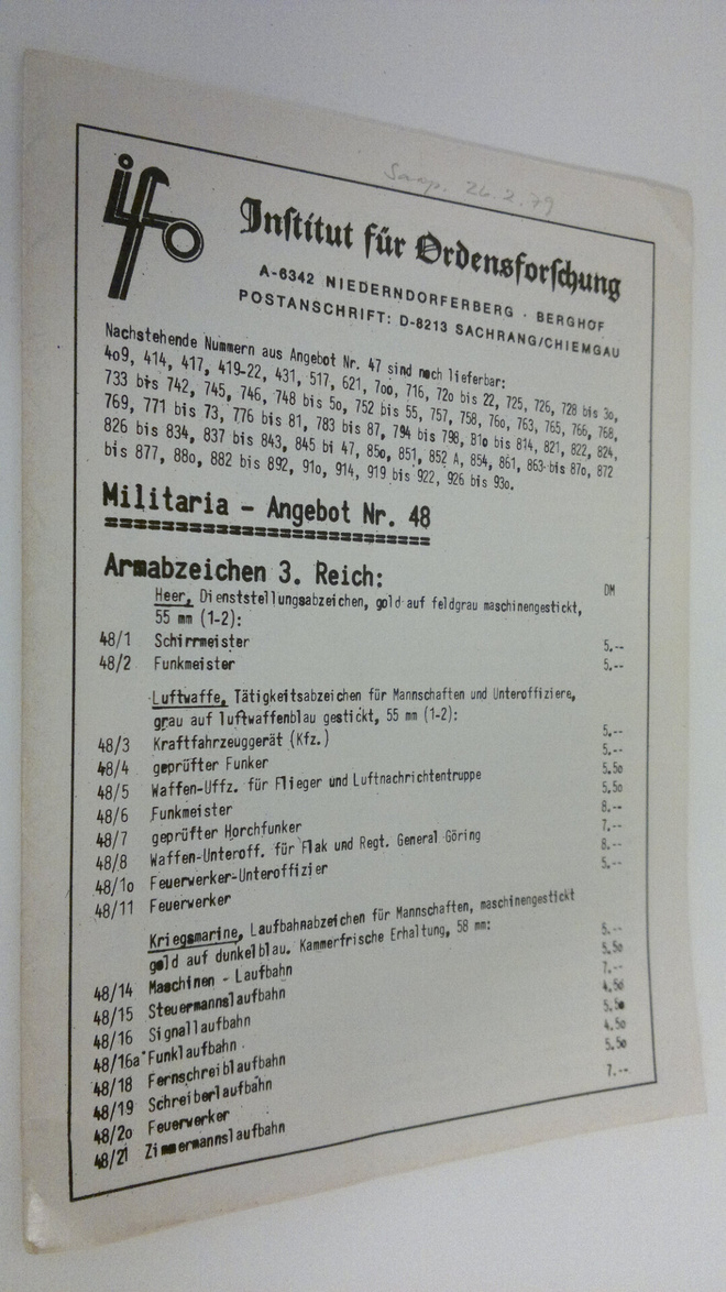 Institut fur Ordensforschung : Militaria-Angebot Nr. 48