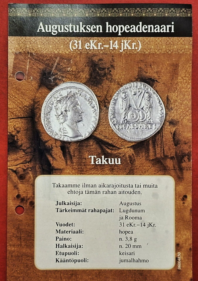 Rooma, Augustus hopea Denaari 3,73 g. 31 eKr-17 jKr. (KD12)