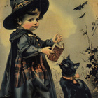 Halloween lapsi lukee kirjaa kissalle - pikkukuva 1